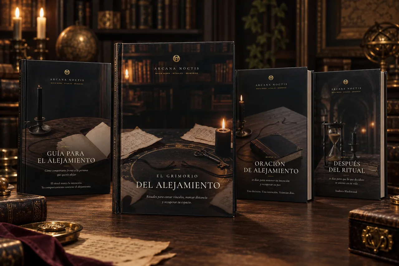 Representación editorial de la colección completa: El Grimorio del Alejamiento junto a los tres bonus, Guía para el Alejamiento, Oración de Alejamiento y Después del Ritual.