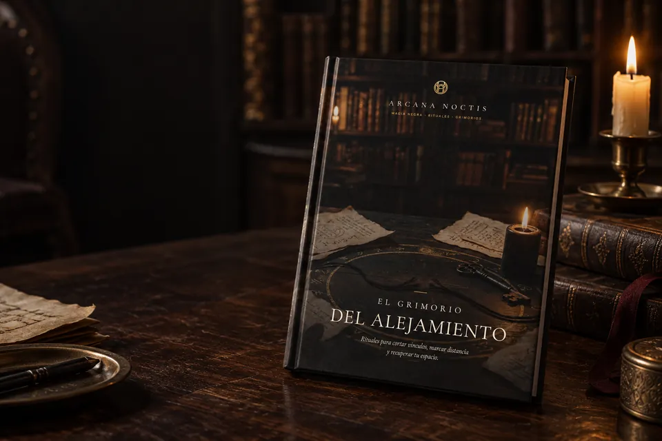 Ejemplar de El Grimorio del Alejamiento, de ARCANA NOCTIS, apoyado sobre una mesa de madera oscura junto a una vela encendida.